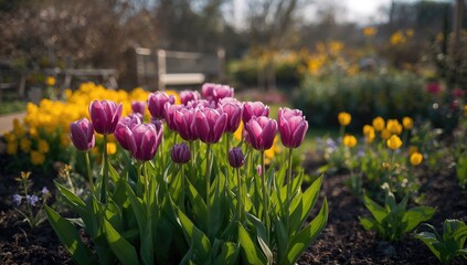 Spring purple tulips blooming in a sunlit garden, creating a vibrant backdrop for seasonal beauty
