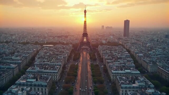 Eiffel Tower Paris Skyline Sunrise Aerial View Over City Buildings