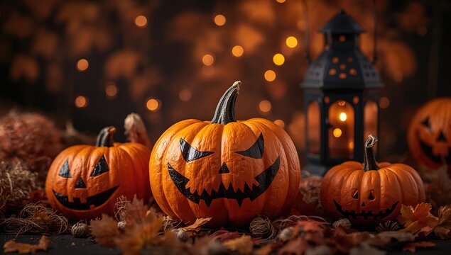 Halloween-themed pumpkins arranged as lanterns, enhancing the spooky atmosphere of autumn celebrations