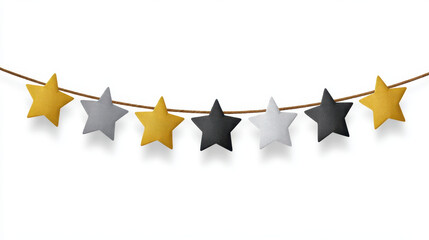 Festive metallic gold and silver star garland decoration isolated on white holiday decor studio environment cheerful concept