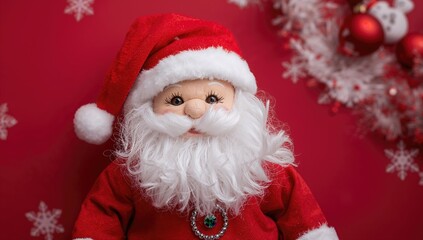 Rag doll set against a vibrant crimson backdrop, suitable for holiday-themed decor