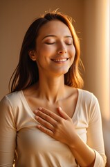 Warm light highlights serene woman's closed eyes and gentle chest touch