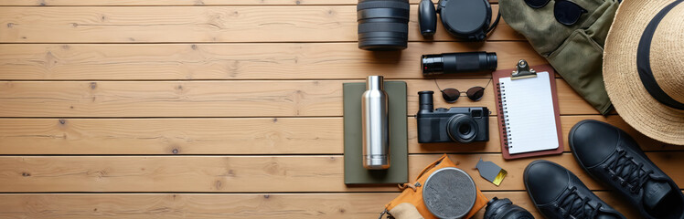 Travel essentials lie on wood desk. Outfit for journey includes hat glasses footwear camera bottle. Adventure vacation accessories, equipment ready. Trip checklist helps preparing for outdoor