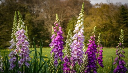 Fototapeta premium Purple Foxgloves, Digitalis purpurea among lush greenery, seasonal change