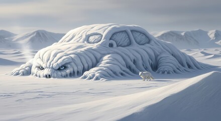 A fantastical snow-covered car resembling a monstrous creature with glowing eyes in a vast, icy landscape with a polar bear.