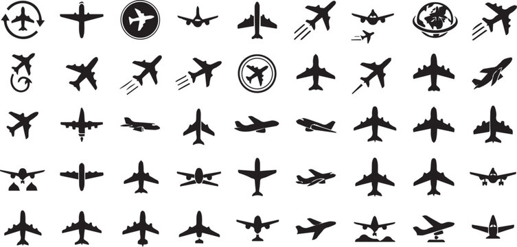 Collection of various airplane icon silhouettes vector set for travel and aviation design