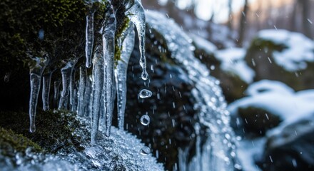 Melting icicles with water droplets falling from moss-covered rocks in a serene winter landscape.