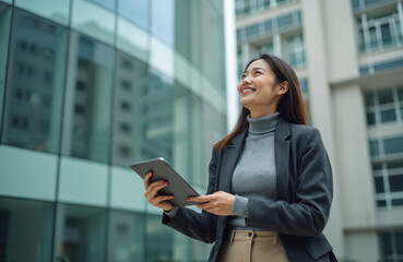 Young businesswoman stands outside modern office building holding digital tablet. Smiles, looks up. Female executive uses tech device in urban corporate environment. Pro woman in smart attire with