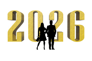 PNG. Trasparente. I numeri dorati in 3D "2026" si stagliano contro uno sfondo trasparente. Le sagome di un uomo e di una donna, a suggerire un'atmosfera celebrativa e ottimistica 