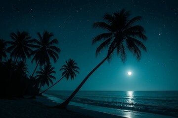 Tropical palm tree silhouette on a beach at sunset, a perfect summer vacation paradise