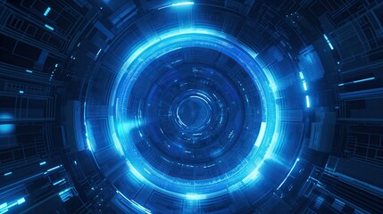 Abstract blue glowing futuristic background with a circular tunnel and digital elements for a science fiction or technology concept design.