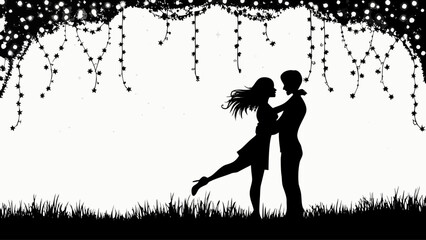 Romantic silhouette of couple embracing beneath twinkling lights, perfect for wedding invitations, Valentine's Day cards, or heartfelt social media posts