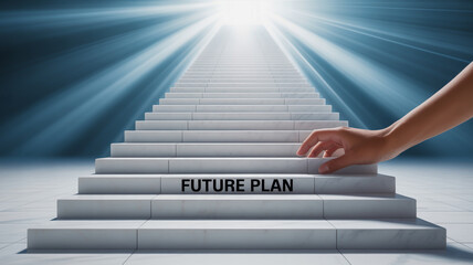 Hand reaching for future plan text on a glowing staircase leading upwards to bright light