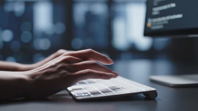 Close-up of hands typing on a glowing keyboard with a computer screen in the background