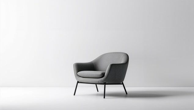 A gray armchair positioned in front of a white wall, a minimalist interior design element - Powered by Adobe
