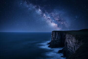 Night landscape of the ocean and moon, with waves breaking on the coast under a cloudy sky