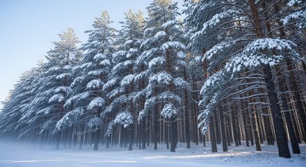 A serene winter forest scene with tall pine trees heavily laden with fresh white snow under a clear blue sky.