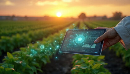 Farmer checks crops on digital tablet. Futuristic farm tech analyzes plant growth data. Smart agriculture uses interface for field management. Future farming improves crop yield.