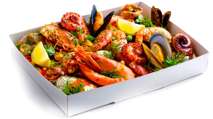 Seafood shellfish crab shrimp mussels oysters clams scallops lobster seafoam garnish lemon herbs spices cooked meal entree appetizer food culinary delicious healthy fresh gourmet presentation box meal