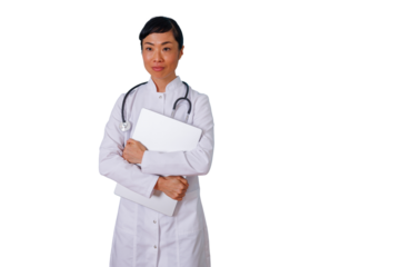 Business woman with curly hair presenting ideas, gesturing and explaining, working professional against transparent background