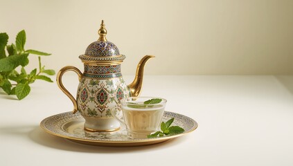 Traditional Arabic mint tea on a white surface, fiber-rich beverage