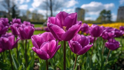 Fototapeta premium Close-up of purple tulips, symbolizing the arrival of spring and the awakening of nature
