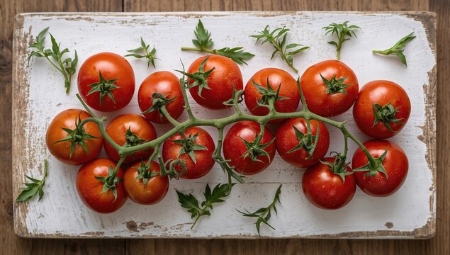 Red organic tomatoes freshly harvested on a rustic wooden surface, fiber-rich choice - Powered by Adobe