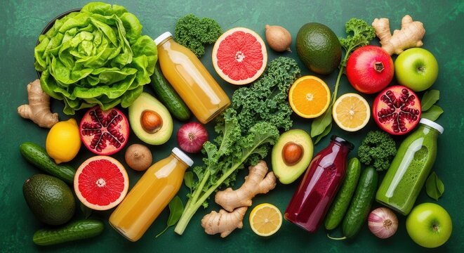 Colorful assortment of fresh organic fruits vegetables and bottled detox smoothies juices arranged on green for healthy eating and wellness