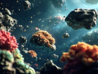 Naklejka premium Floating coral reef rocks with colorful coral formations. A tranquil underwater scene with natural beauty and serene marine environment.