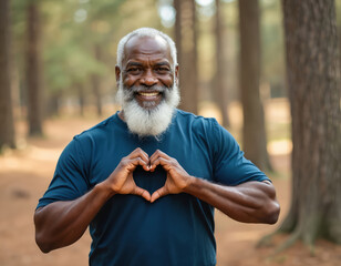 Elderly African man smiles making heart shape with hands in forest. Active senior enjoys nature walk, promotes heart health awareness and self care.