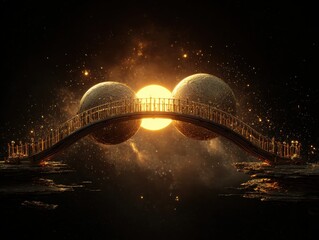 Obraz premium A golden bridge stretches between two planets, bathed in the glow of a distant sun, set against a cosmic backdrop. A celestial gateway.