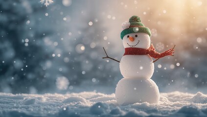 A cheerful snowman stands in a snowy winter landscape, seasonal joy