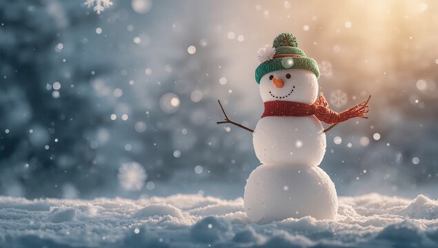 A cheerful snowman stands in a snowy winter landscape, seasonal joy
