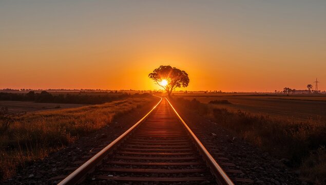 Sunrise illuminating rural landscape with railway tracks, highlighting seasonal change