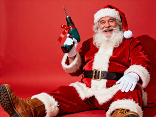 Jolly Santa Claus Holding a Power Drill on a Red Background