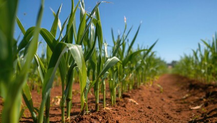 Close-up of young corn leaves, showcasing growth and agriculture practices