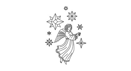 Elegant angel surrounded by stars in a minimalist line art style.
