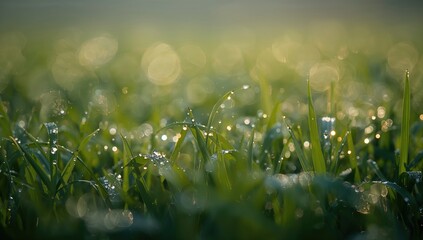 Morning dew glistening on blades of grass, seasonal change