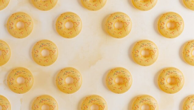 Pattern of yellow donuts on a neutral backdrop, suitable for design layouts