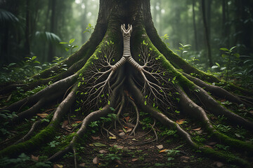 Breathing Earth: An artistic rendering of a tree rooted deep within a forest, its roots intertwined to resemble the human lungs, breathing in the verdant ecosystem.
