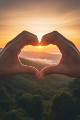 Romantic persons shapes a heart symbol with hands against the light of a sunset sky