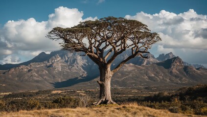 Lone tree situated before mountainous landscape, emphasizing isolation