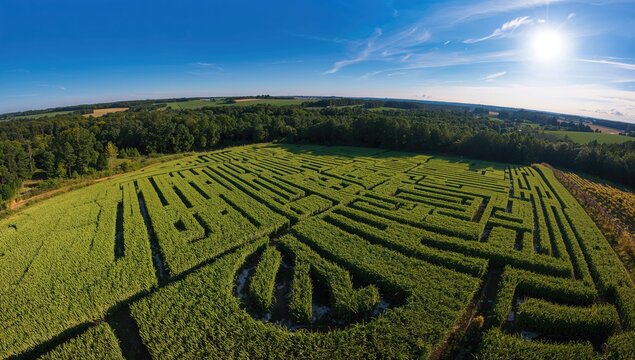 Aerial view of participants navigating an outdoor corn maze, teamwork