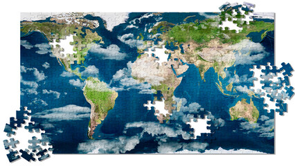 Png; Trasparente. Illustrazione 3D. Elementi del Puzzle compongono la mappa del mondo. La cartina geografica piana del nostro pianeta si forma progressivamente fino al completamento..