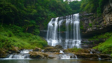 Fototapeta premium Beautiful waterfall streaming across layered rocks high resolution picture