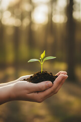 Hands holding a small plant growing from rich soil, symbolizing sustainability, growth and environmental care. 