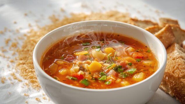 Vegetable soup garnished with breadcrumbs served on a white table, fiber-dense choice