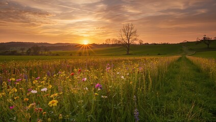 A field of flowers during sunset, showcasing seasonal change