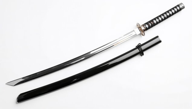 Japanese sword with silver fittings and glossy black scabbard, display for craftsmanship appreciation