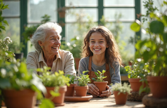 Grandmother and granddaughter smile working together in greenhouse. Elderly woman and girl plant small green sprouts at the table. They enjoy gardening hobby. - Powered by Adobe